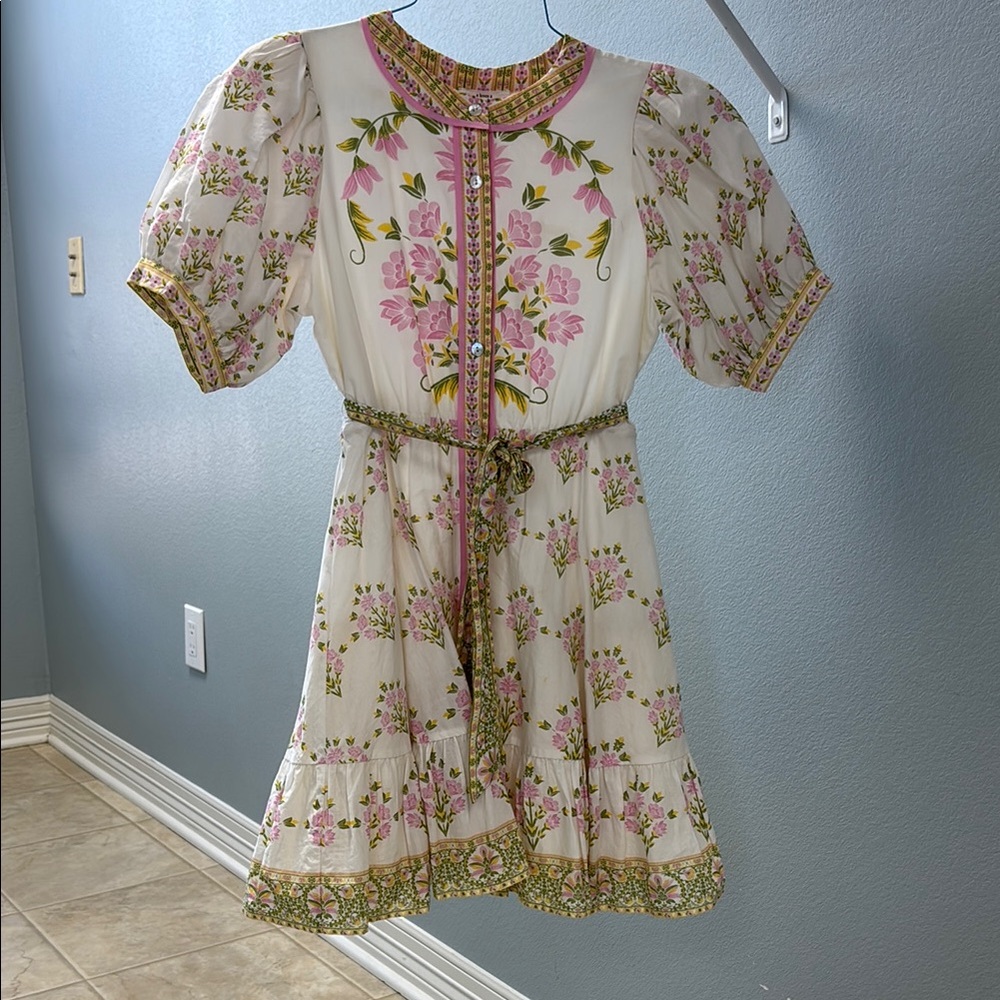 Floral Embroidered Dress with Pink and Green Accents